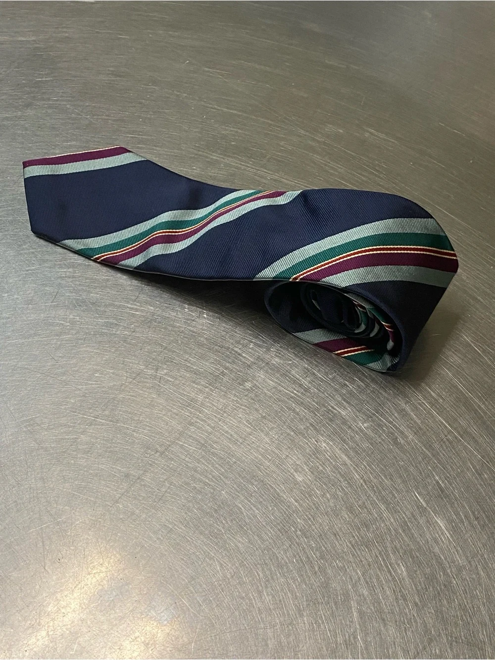Navy Striped Men's Silk Tie with Green and Burgundy Bands